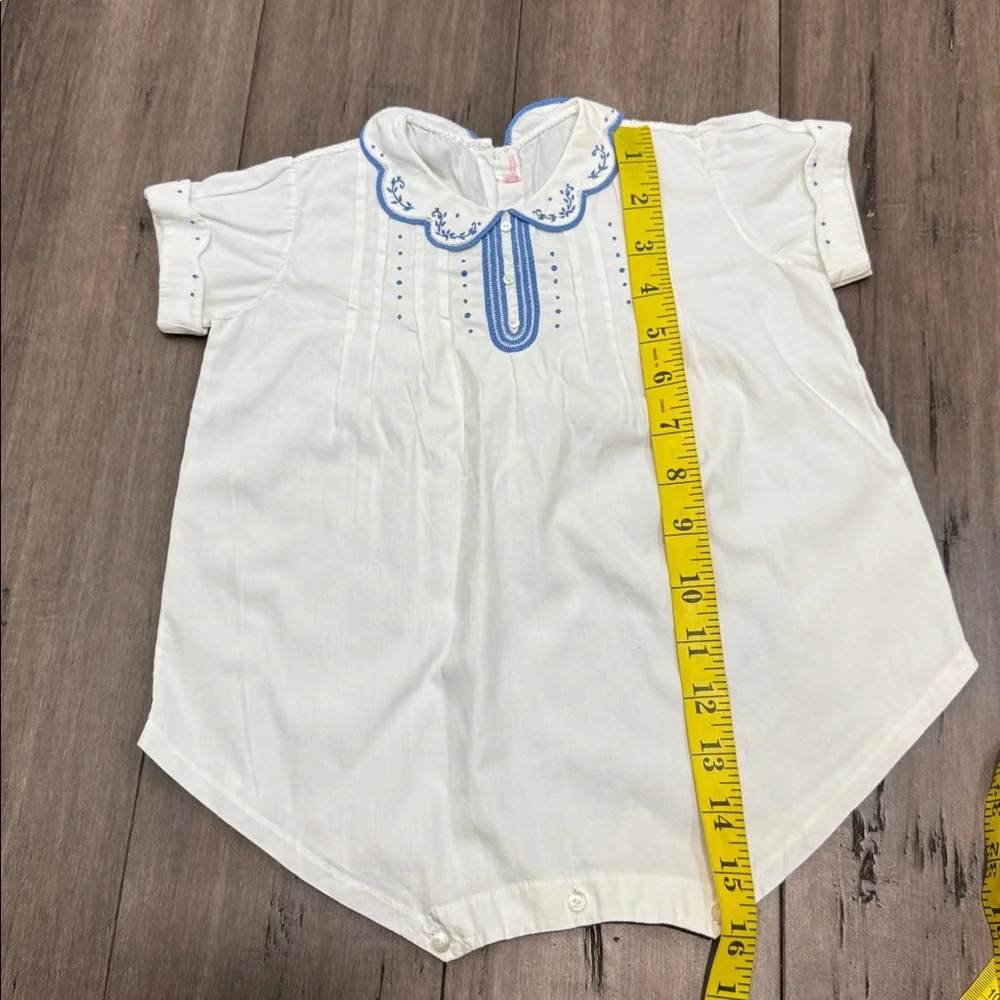 Vintage handmade White‎ Baby Romper with Blue Embroidery